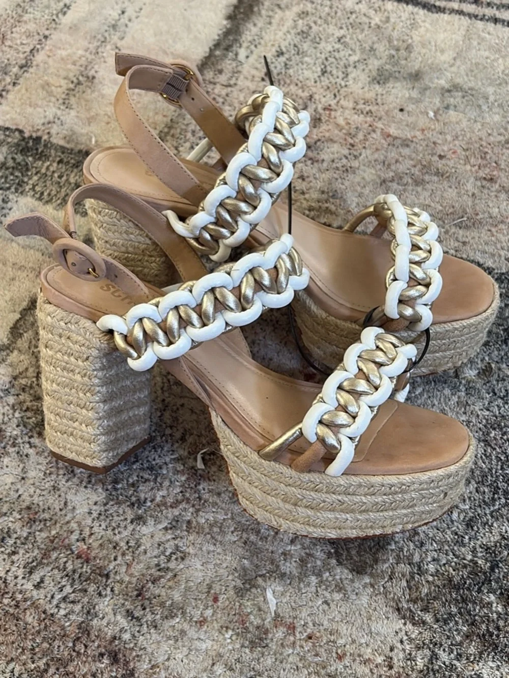 SCHUTZ Tan Espadrille Platform Sandals with White and Gold Chain Straps